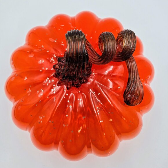 Hand Blown Art Glass Pumpkin Orange Gold Flecks Stem Halloween Fall Decoration - Picture 9 of 10